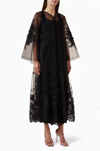 Bead-embellished Applique Abaya in Tulle