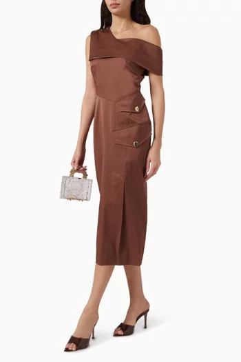 Asymmetrical Neck Midi Dress in Cotton-blend