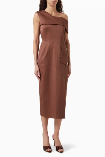 Asymmetrical Neck Midi Dress in Cotton-blend