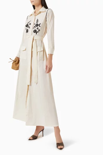 Floral Embroidered Shirt Maxi Dress in Cotton Poplin