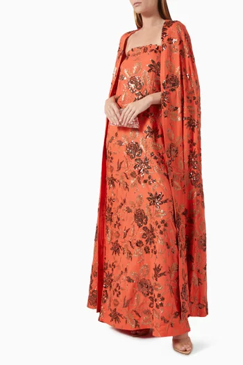 Floral Embroidered Sequin Cape & Dress Set