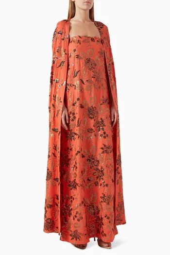 Floral Embroidered Sequin Cape & Dress Set