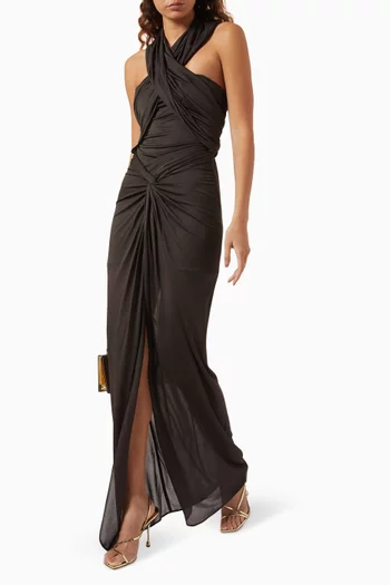 Draped Halterneck Hooded Dress in Viscose