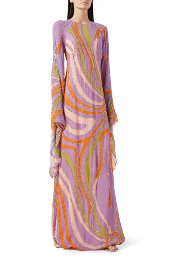 Beaded Printed Gown in Chiffon