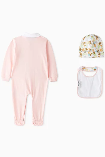 3-piece Teddy-print Sleepsuit Gift Set in Cotton