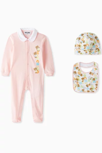 3-piece Teddy-print Sleepsuit Gift Set in Cotton