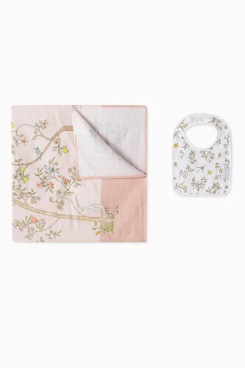 Bloom-print Carré Blanket & Bib Set in Organic Cotton