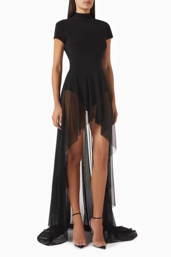 Mock-neck Asymmetrical Gown in Lycra & Mesh