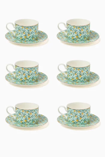 Lemon Tea Cups & Saucers in Porcelain, Set of 6