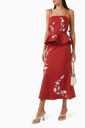 Lily Embroidered Midi Skirt in Linen