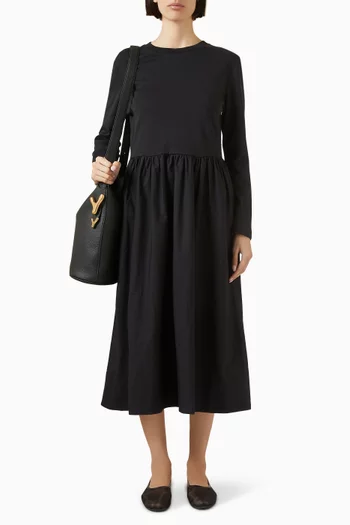Contrast-Panel Long-Sleeved Midi Dress