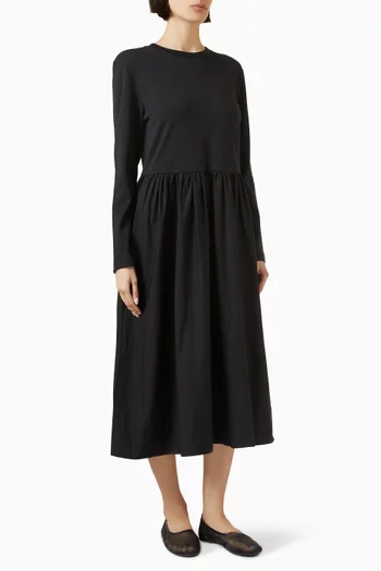 Contrast-Panel Long-Sleeved Midi Dress