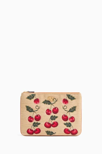VLOGO Signature Pouch in Cherry-printed Raffia
