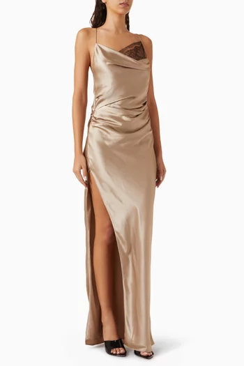 Lace-trim Slit Gown in Silk Satin