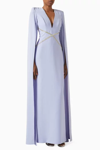 فستان سهرة مزين بسلسلة وتطريزات كريب