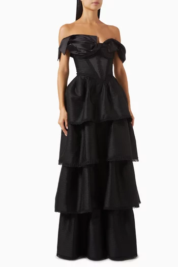 Layered Off-shoulder Gown in Satin & Mesh