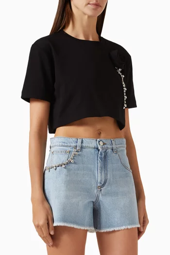 Crystal-embellished Rosette Crop T-shirt in Cotton