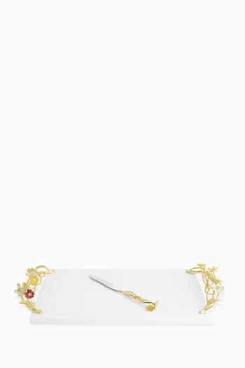 لوح تقطيع الجبن وسكين مزين بنباتات برية