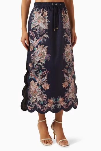 Rhiannon Scallop Midi Skirt in Linen