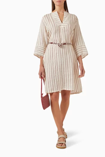 Pinstripe Belted Shirtdress in Linen