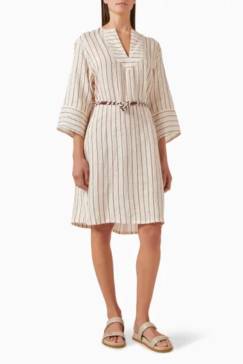 Pinstripe Belted Shirtdress in Linen