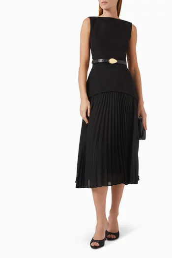 Belted Pleated-skirt Midi Dress