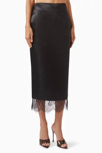 تنورة متوسطة الطول بحافة دانتيل كتان