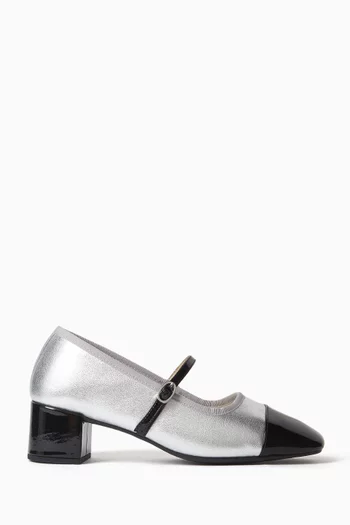 GEORGIANA FLAT BALLERINA IN METALLIC LEATHER WIH STRAP DETAIL AND 45MM BLOCK HEEL AND RUBBER SOLE:SILVER:37|218264916