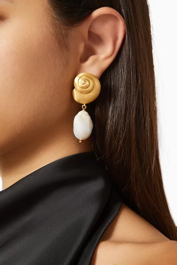 Shell Pearl Drop Earrings in Gold-tone Brass