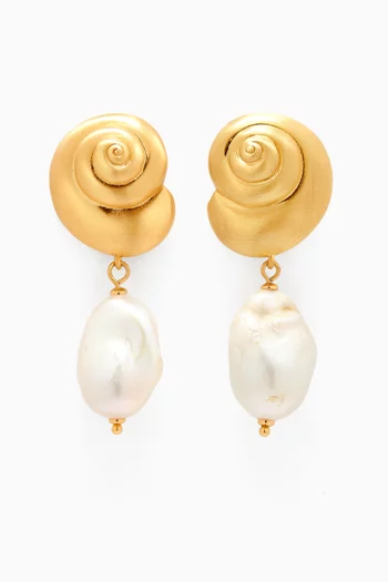 Shell Pearl Drop Earrings in Gold-tone Brass