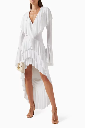 Hi Low Deep V Ruffle Dress in Poly Lycra