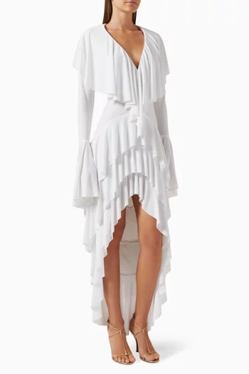 Hi Low Deep V Ruffle Dress in Poly Lycra