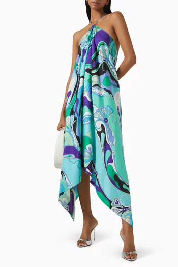 Orchidee-print Halterneck Asymmetrical Dress in Silk-twill