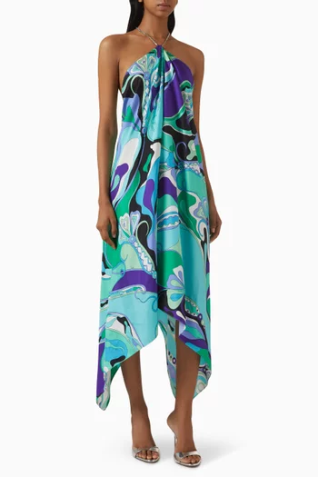 Orchidee-print Halterneck Asymmetrical Dress in Silk-twill