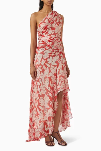 One-shoulder Draped Midi Dress in Silk