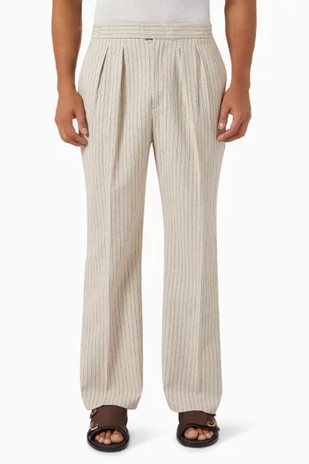 Double Pleat Pinstripe Tailored Pants in Cotton-linen