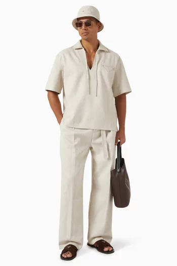 Open-collar Drawstring Shirt in Textured-fabric