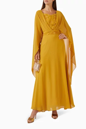 Embellished Cape Maxi Dress