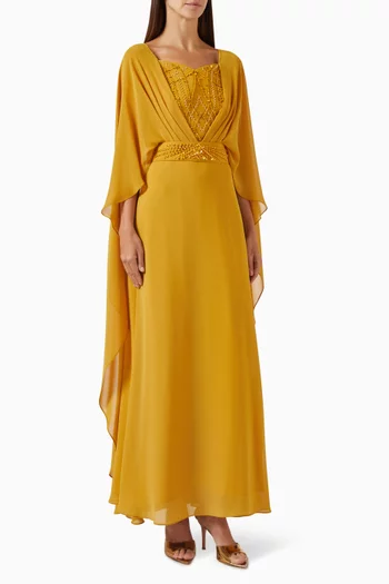 Embellished Cape Maxi Dress