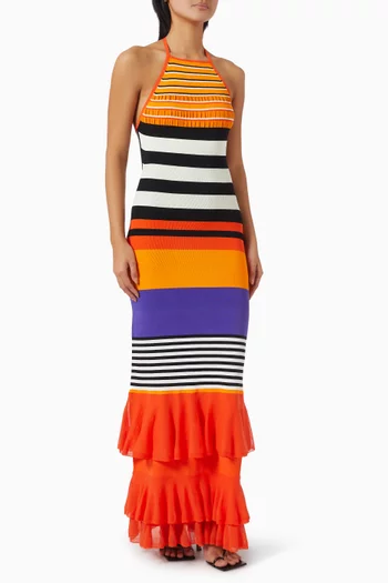 Striped Ruffled Halter Maxi Dress in Knit