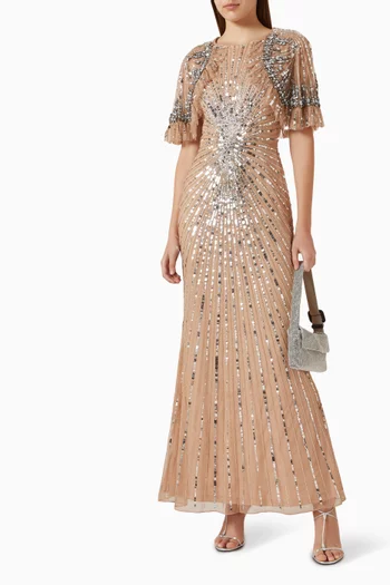 Embellished Cape Gown in Mesh