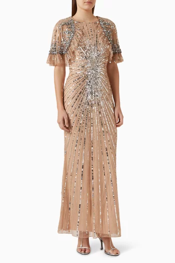 Embellished Cape Gown in Mesh
