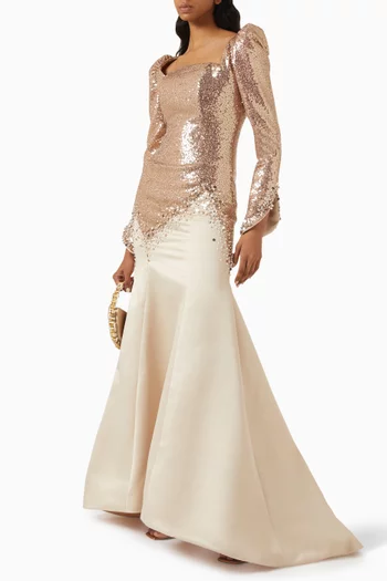 Sequin-embellished Beaded Gown in Satin
