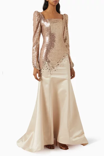 Sequin-embellished Beaded Gown in Satin