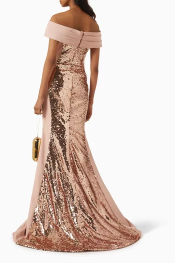 Sequin-embellished Off-shoulder Maxi Dress in Crepe
