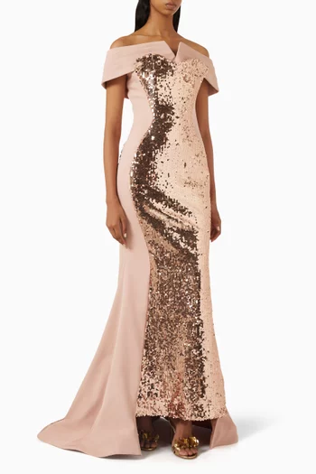 Sequin-embellished Off-shoulder Maxi Dress in Crepe