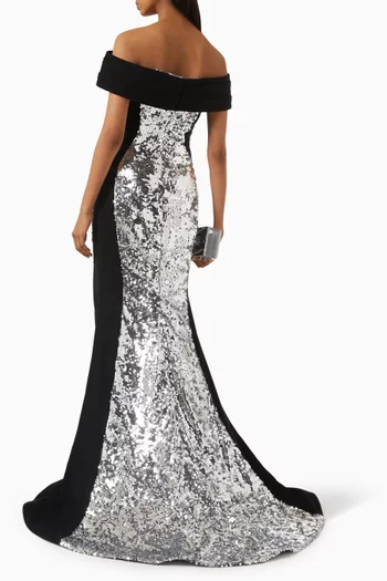Sequin-embellished Off-shoulder Maxi Dress in Crepe