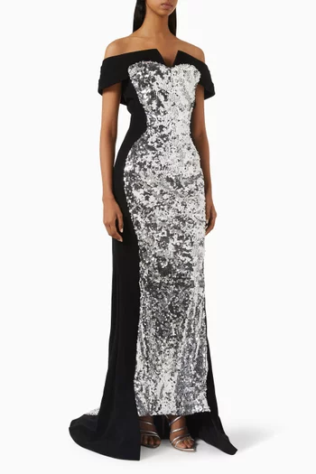 Sequin-embellished Off-shoulder Maxi Dress in Crepe