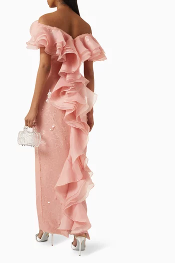 Sequin-embellished Off-shoulder Flared Maxi Dress