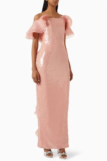 Sequin-embellished Off-shoulder Flared Maxi Dress
